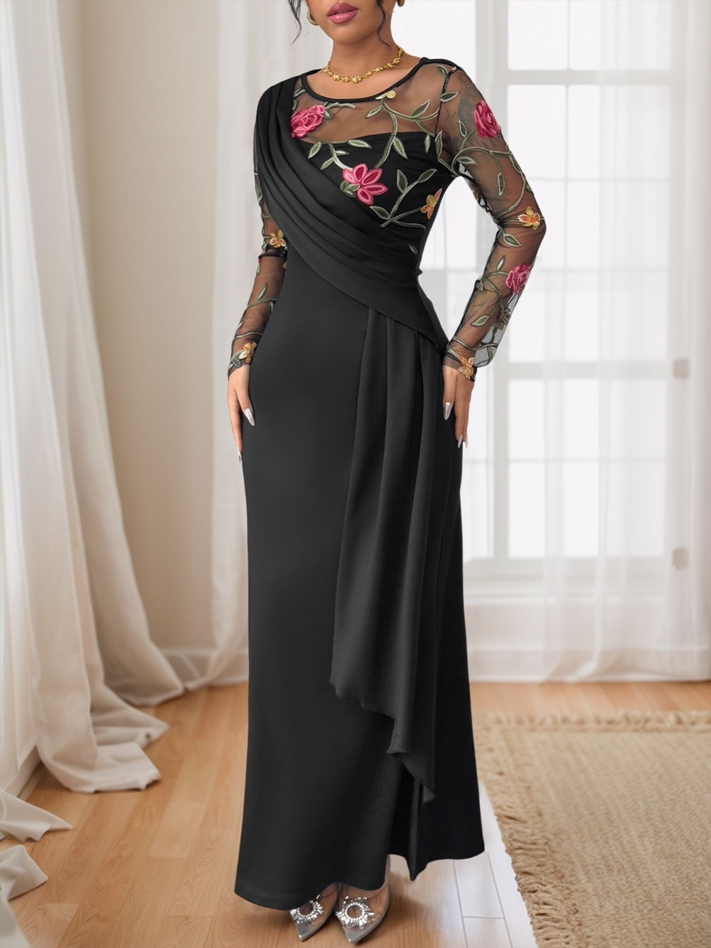 Embellished Black Evening Dress with Embroidered Floral Mesh Bodice